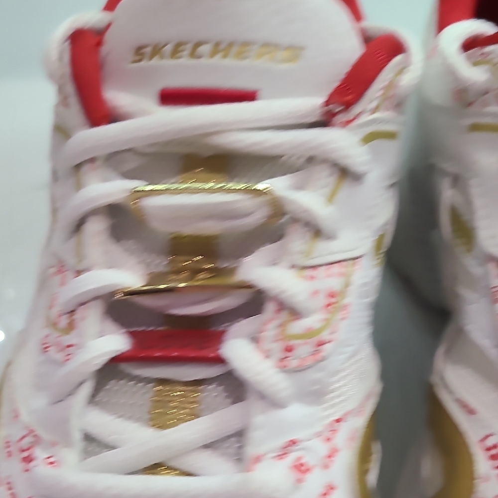 Skechers White Sneakers with Red Lining and Gold Accents - Picture 2 of 7